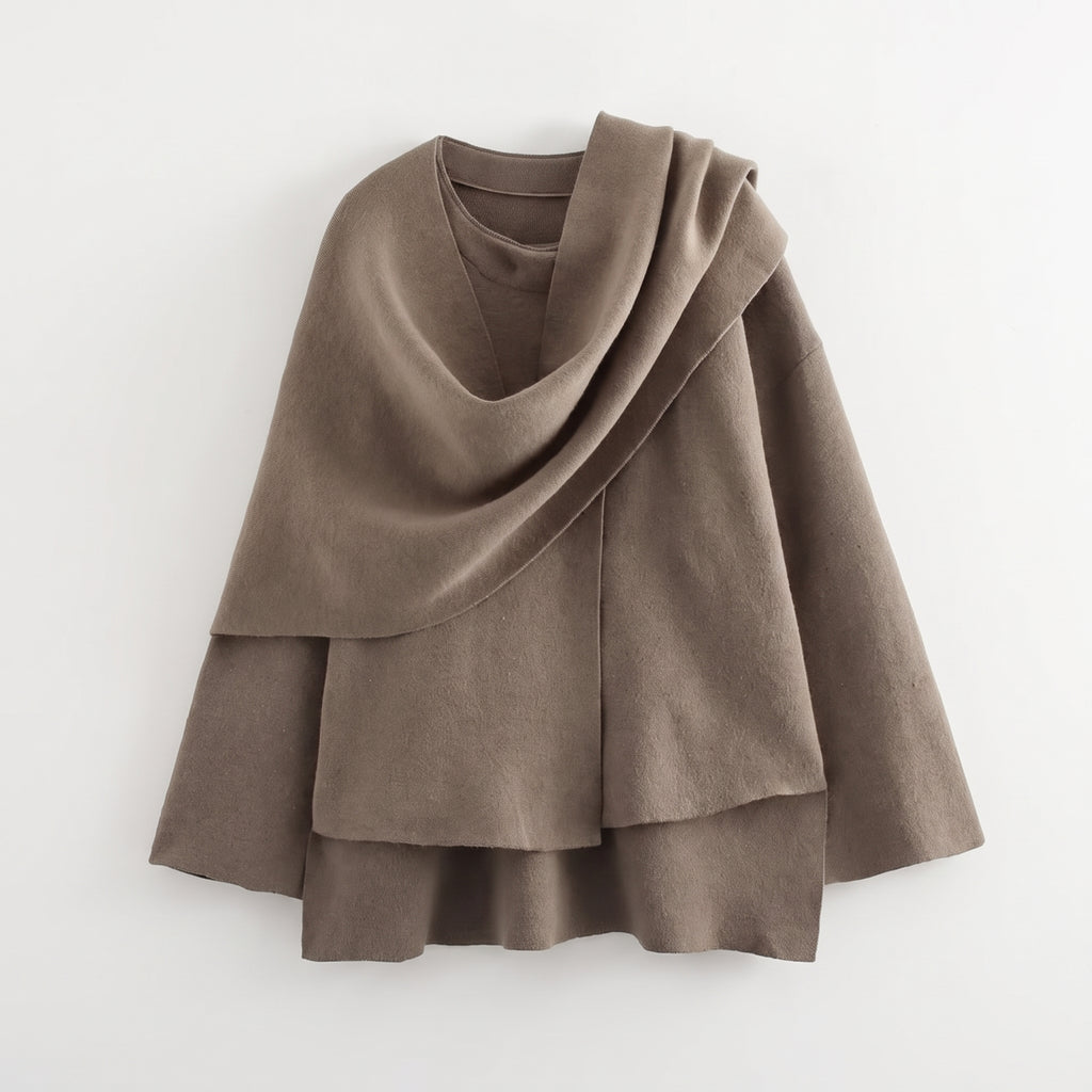 Asymmetric Collar Cardigan with Layering Relaxed Silhouette - Khaki