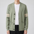 Men's Cardigan Button Up Sweater With Pockets And Striped Sleeves - Light Green