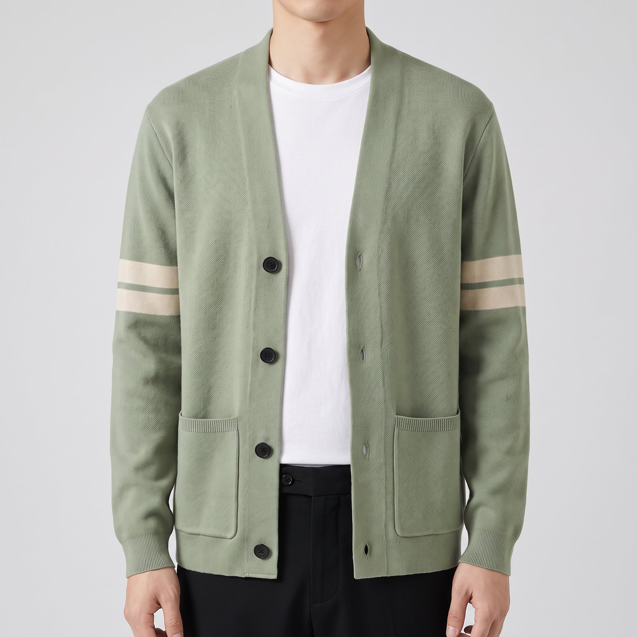 Men's Cardigan Button Up Sweater With Pockets And Striped Sleeves - Light Green