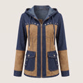 Hooded Jacket Denim and Suede Color Block with Drawstring Hood and Decorative Studs Jacket - Marinho E Camel