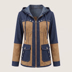 Hooded Jacket Denim and Suede Color Block with Drawstring Hood and Decorative Studs Jacket - Marinho E Camel