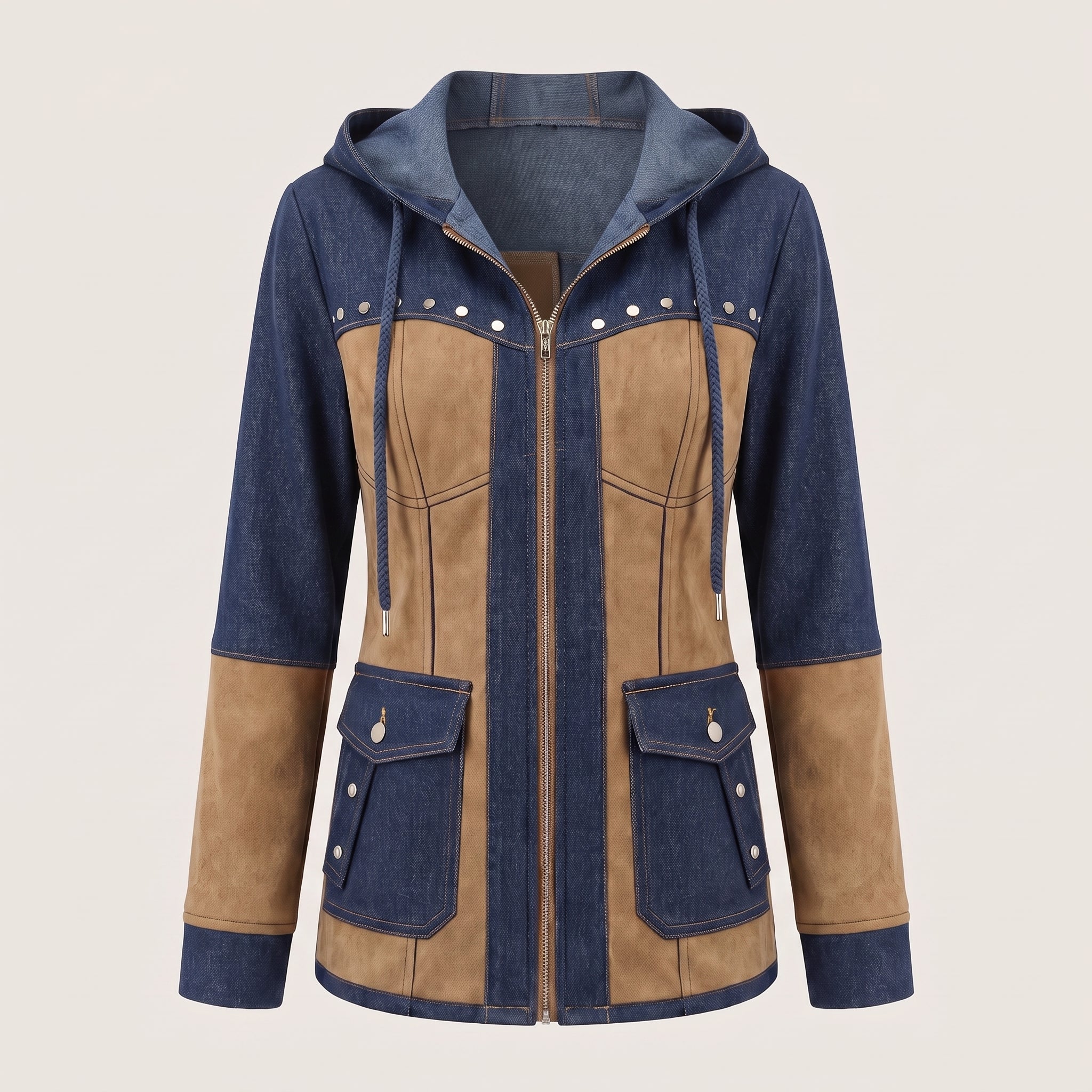 Hooded Jacket Denim and Suede Color Block with Drawstring Hood and Decorative Studs Jacket - Marinho E Camel