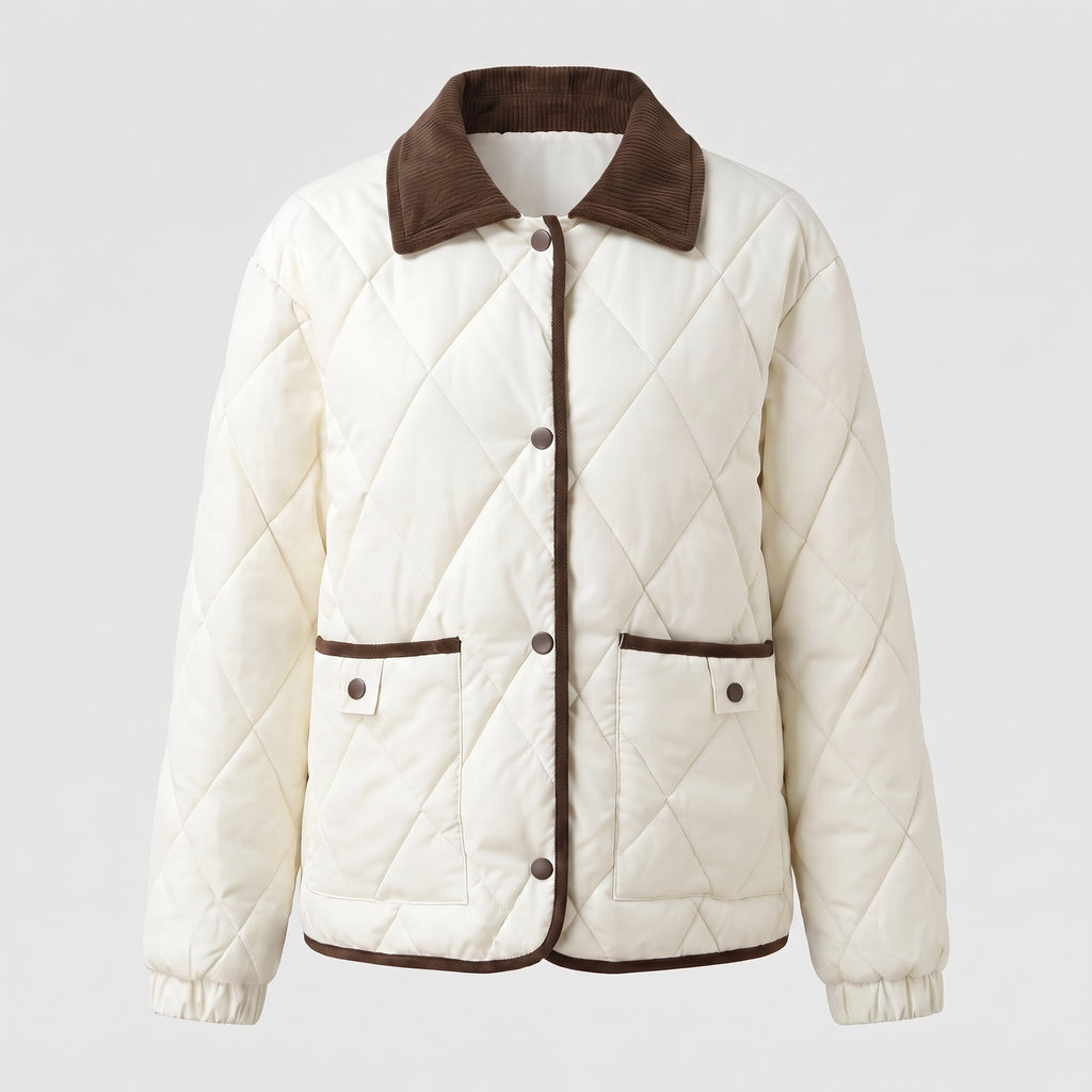 Quilted Puffer Jacket with Supportive Short Coat and Diamond Trim - Milky