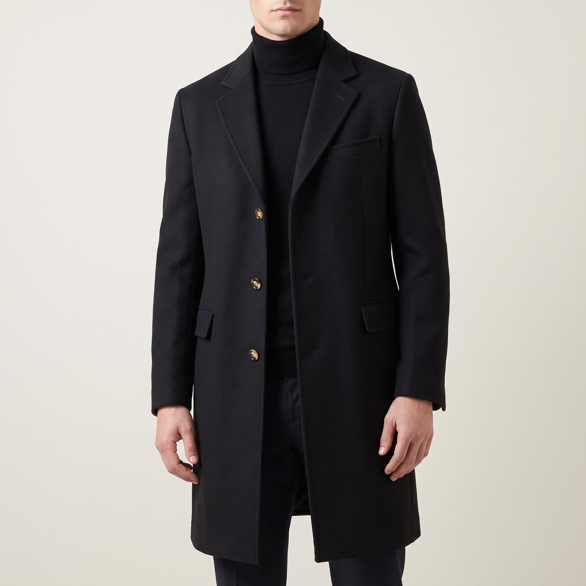 Trench Coat Men Long Single-Breasted Three Buttons - N6 Black
