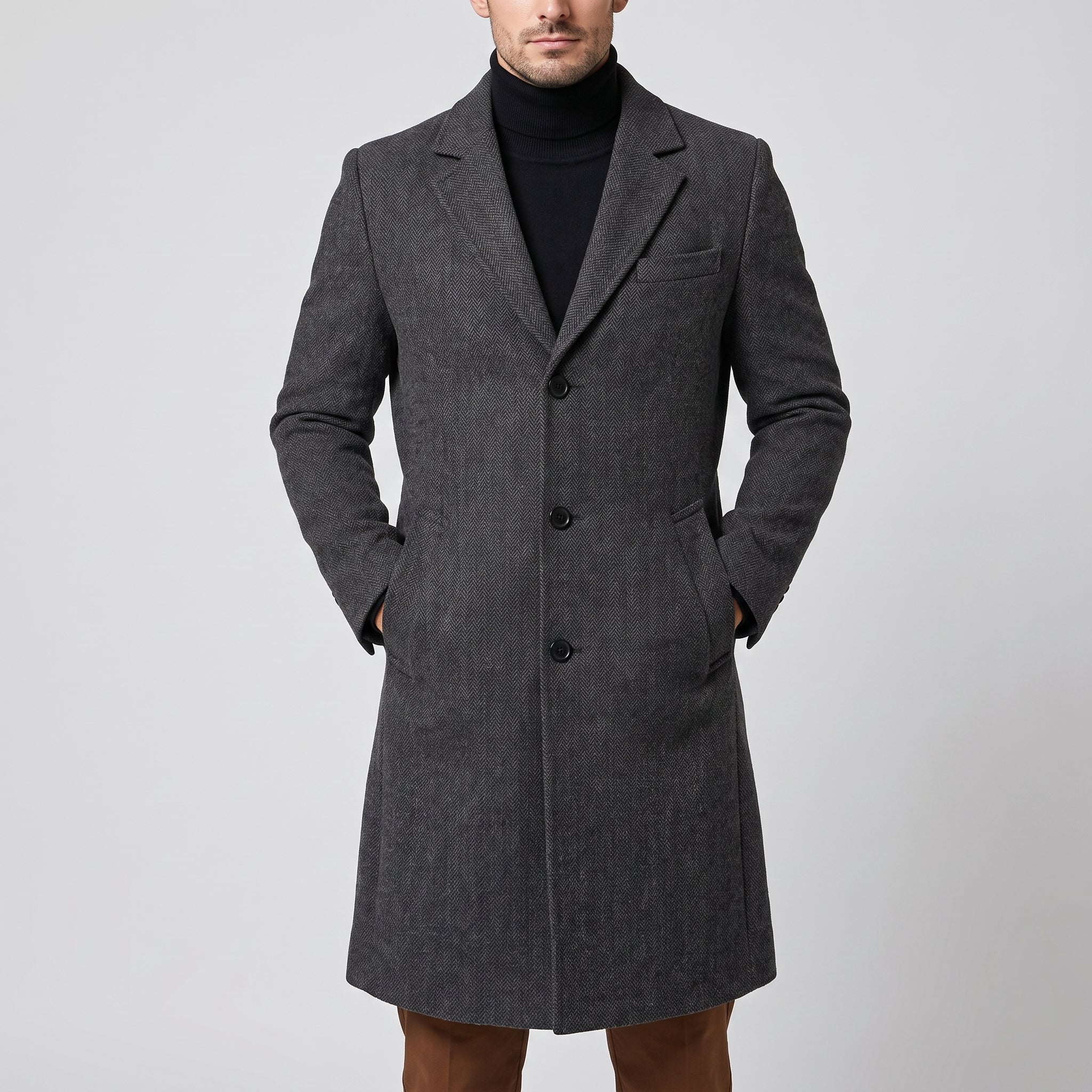 Trench Coat Men Long Single-Breasted Three Buttons - N6 Dark Grey
