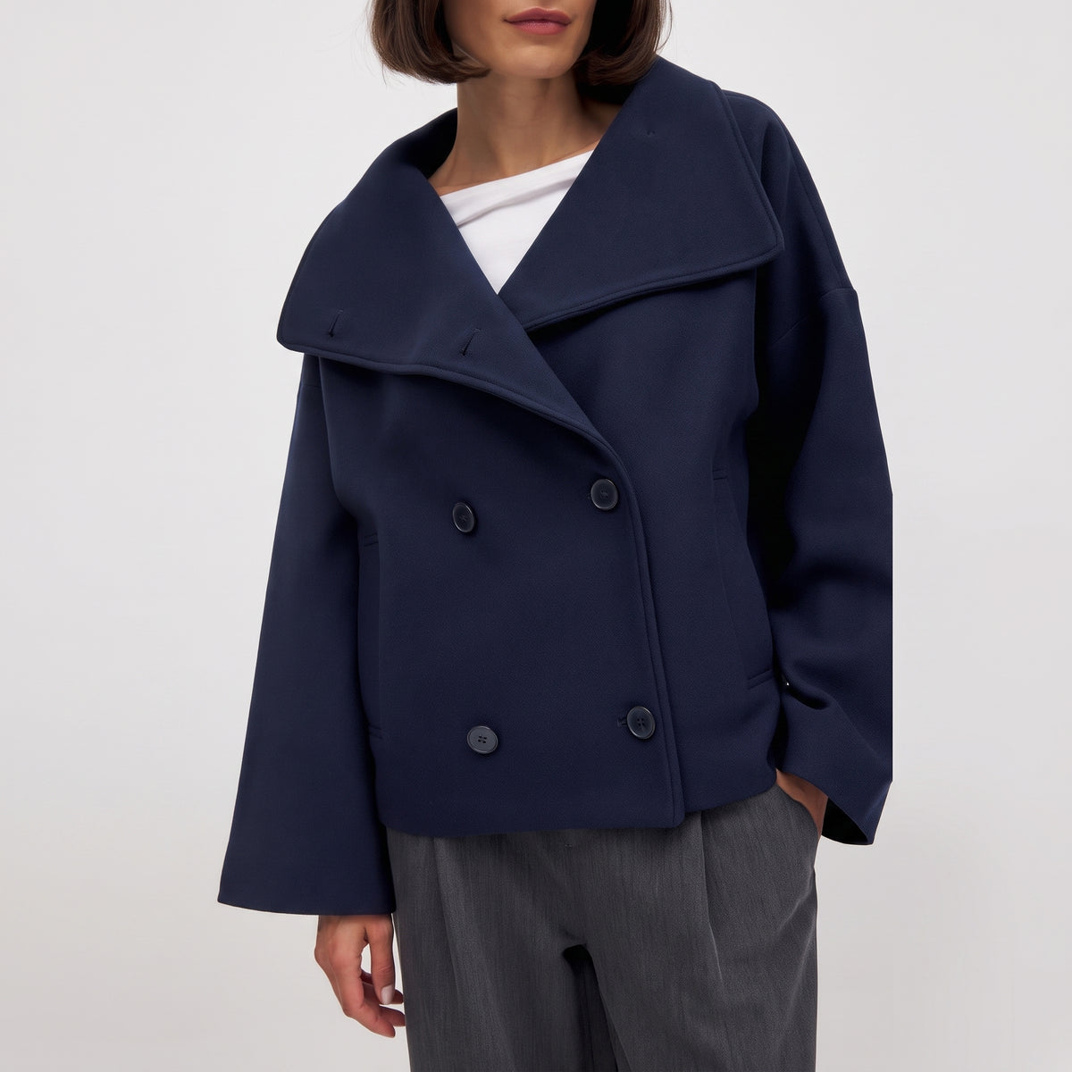 Double-Breasted Cropped Coat With Wide Lapel - Navy Blue