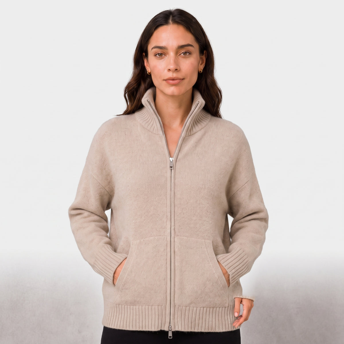 Women's Zip Cardigan Knitted With Funnel Neck Full-Zip Front Pockets - Navy