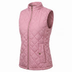 Women's Quilted Vest Zip Up With Stand Collar And Pockets - Pink