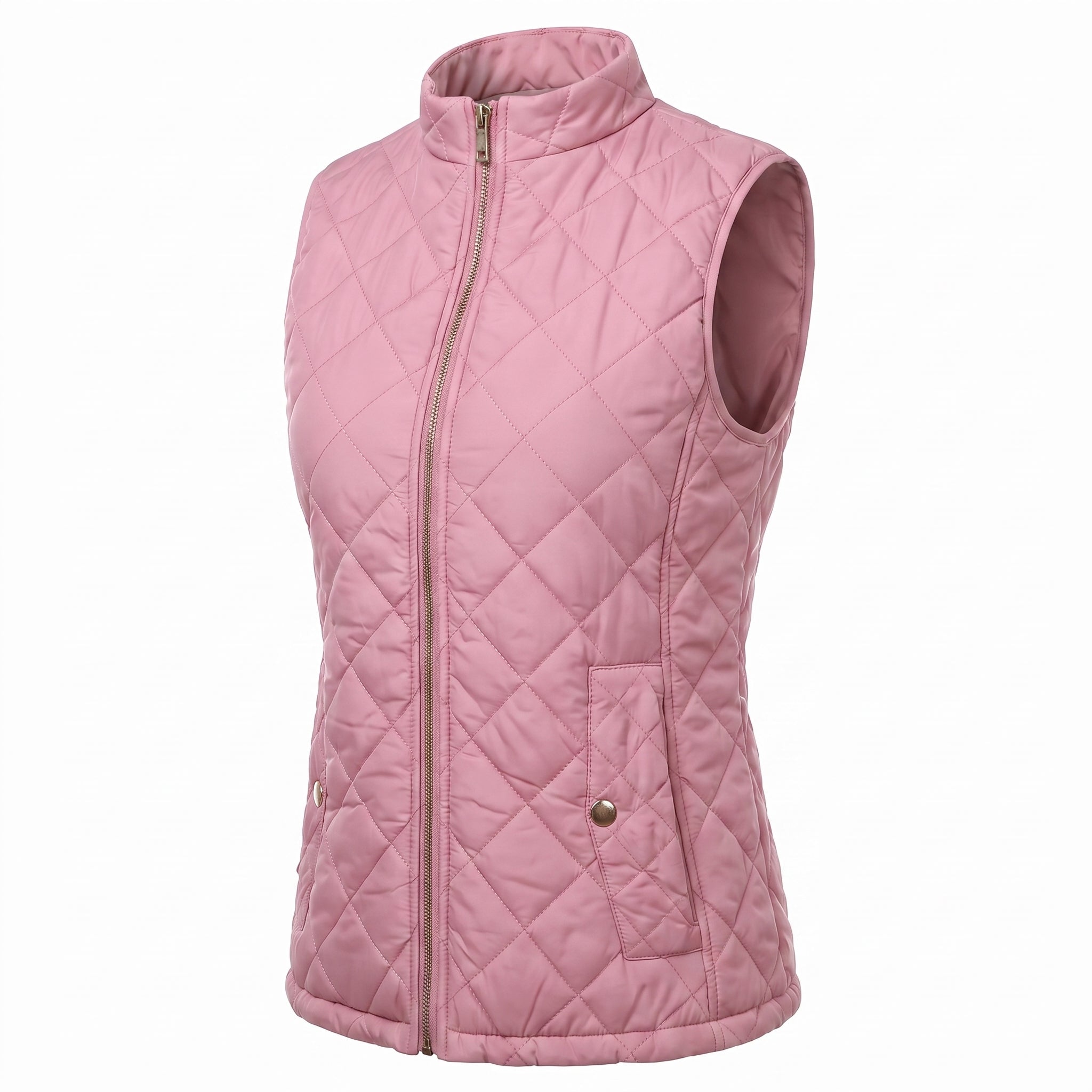 Women's Quilted Vest Zip Up With Stand Collar And Pockets - Pink
