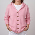 Hooded Cardigan Long Sleeve Ribbed Knit Front Buttons Relaxed Fit - Pink