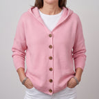 Hooded Cardigan Long Sleeve Ribbed Knit Front Buttons Relaxed Fit - Pink