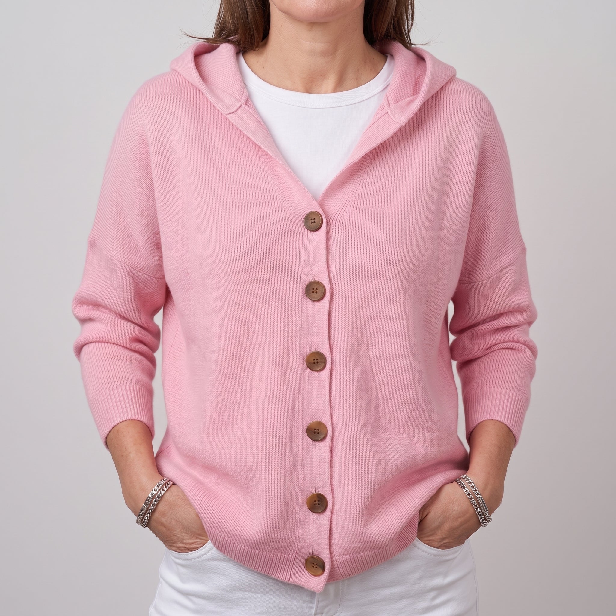 Hooded Cardigan Long Sleeve Ribbed Knit Front Buttons Relaxed Fit - Pink