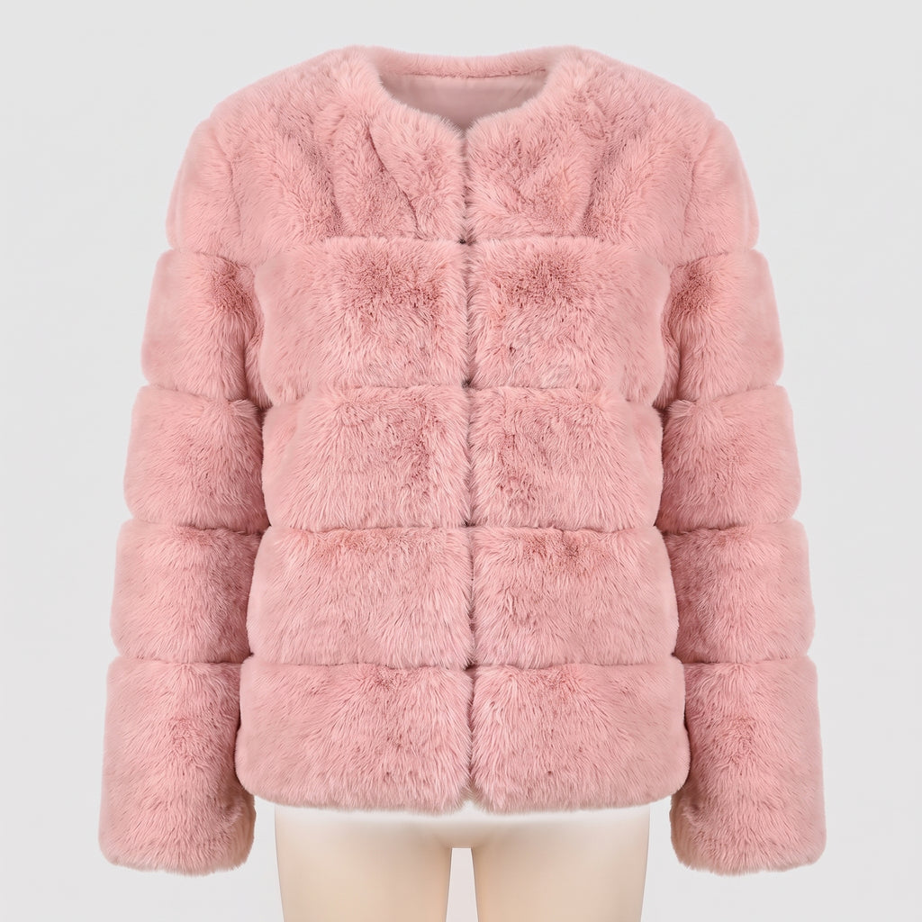 Faux Fur Puffer Jacket with Quilted Design and Ribbed Cuffs - Pink