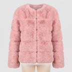 Faux Fur Puffer Jacket with Quilted Design and Ribbed Cuffs - Pink