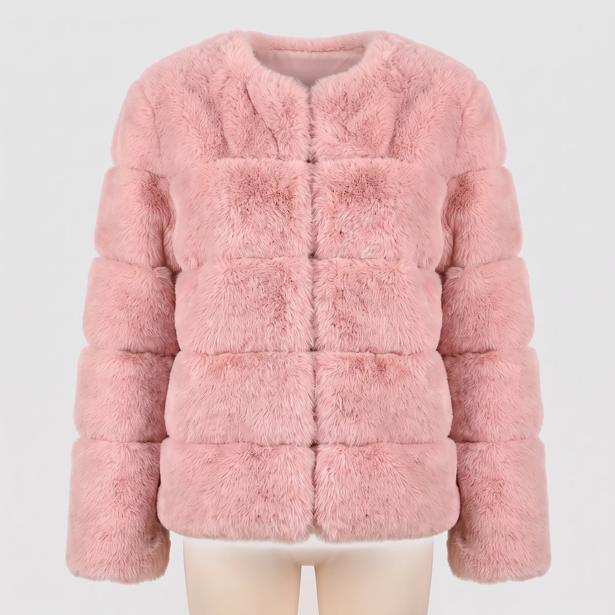 Faux Fur Puffer Jacket with Quilted Design and Ribbed Cuffs - Pink