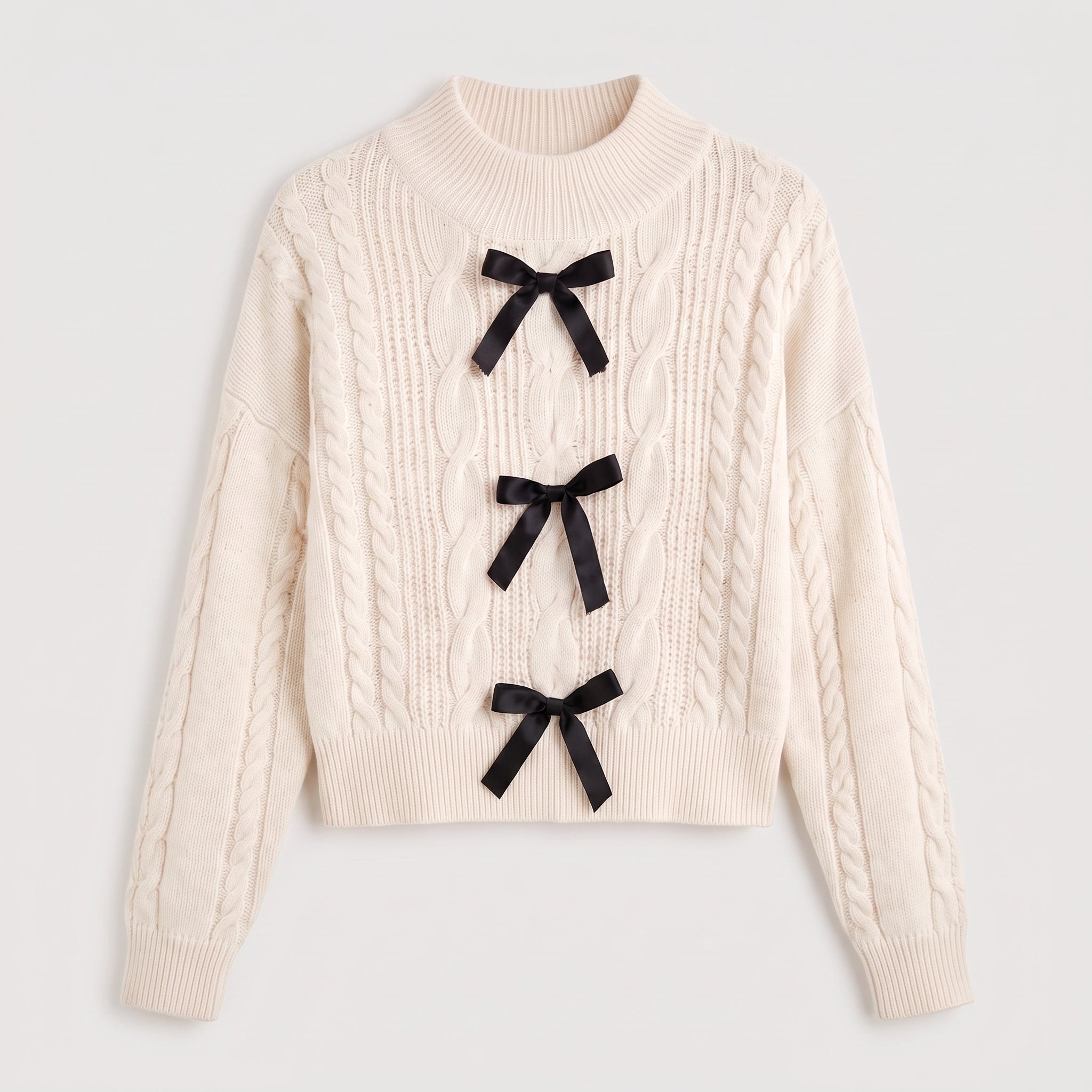 Women's Cable Knit Sweater Long Sleeve Pullover With Bow Details - Pink
