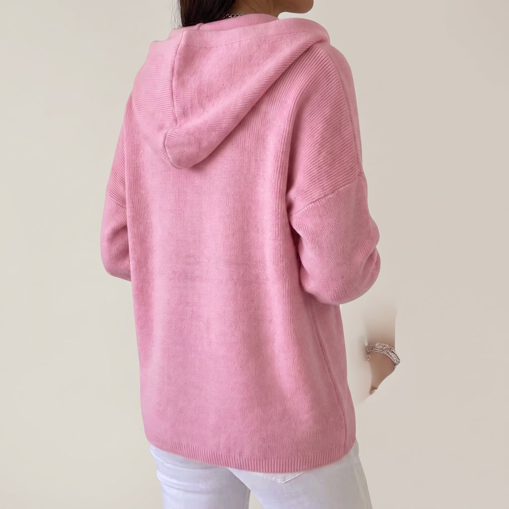 Hooded Cardigan Knit Front Buttons Relaxed Oversized Fit - Pink