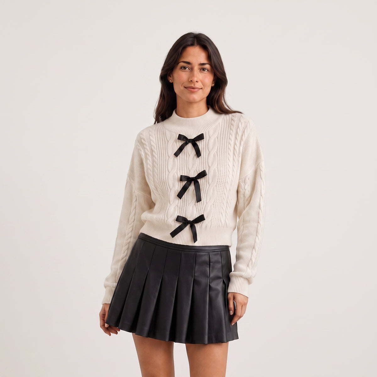 Women's Cable Knit Sweater Long Sleeve Pullover With Bow Details - Red