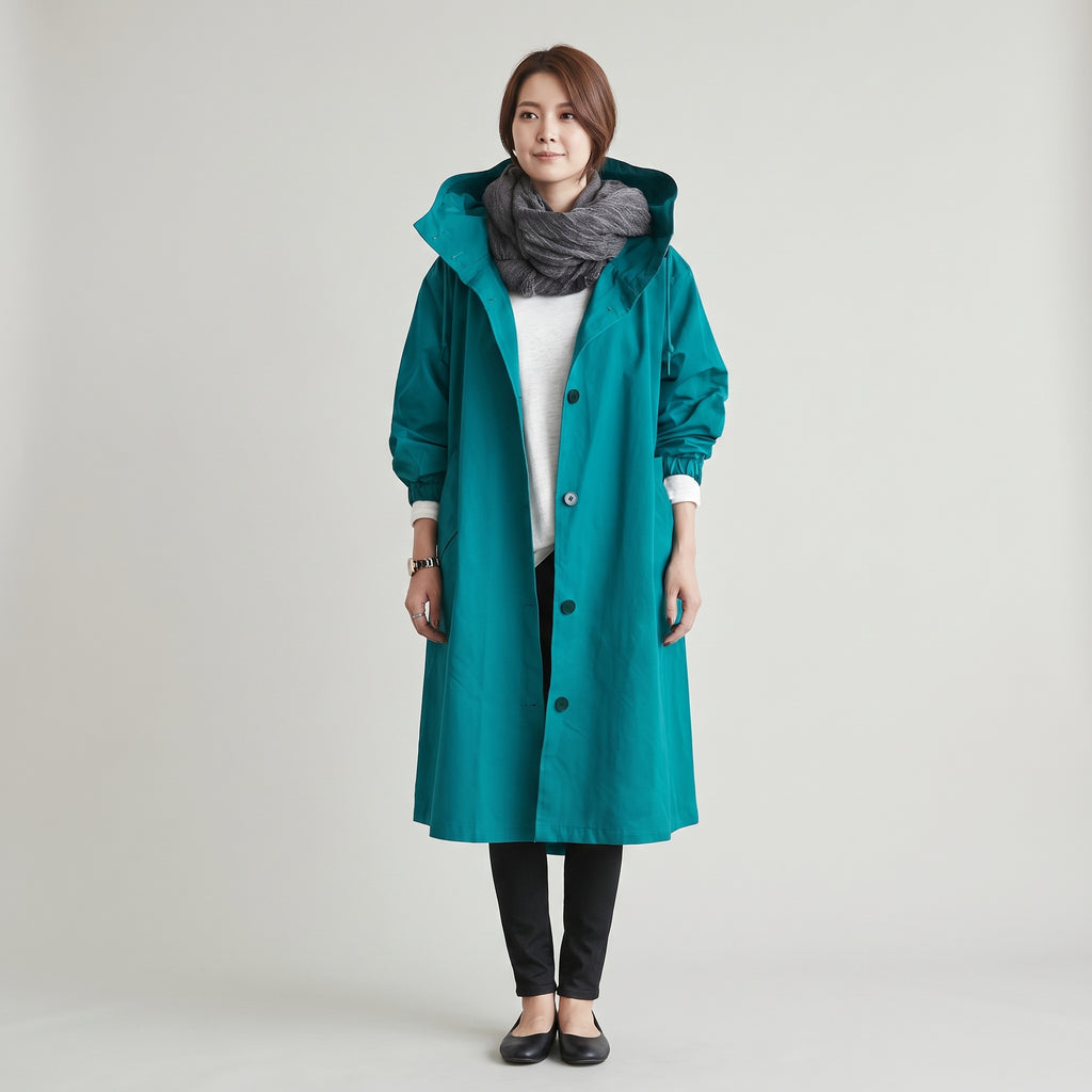 Women's Hooded Trench Coat Long Button-Front - Turquoise