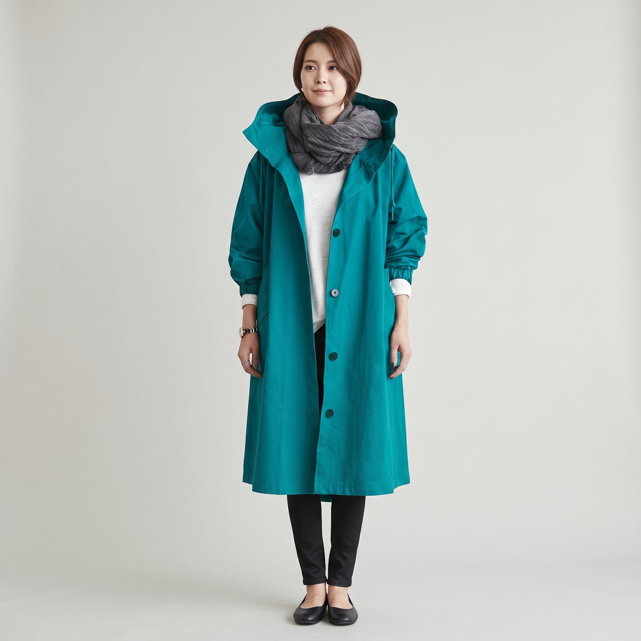 Women's Hooded Trench Coat Long Button-Front - Turquoise