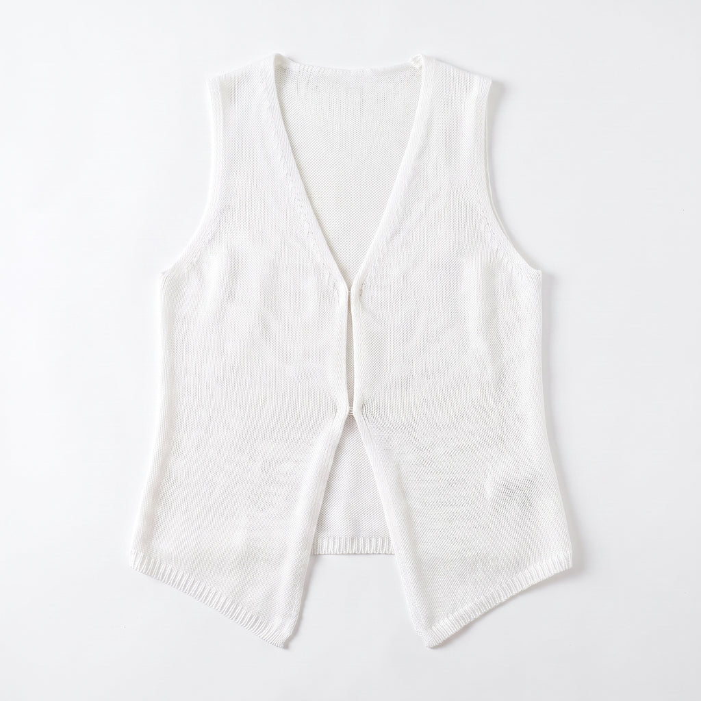 Women's Knit Vest Top With V-Neck And Closure For Fabric - White