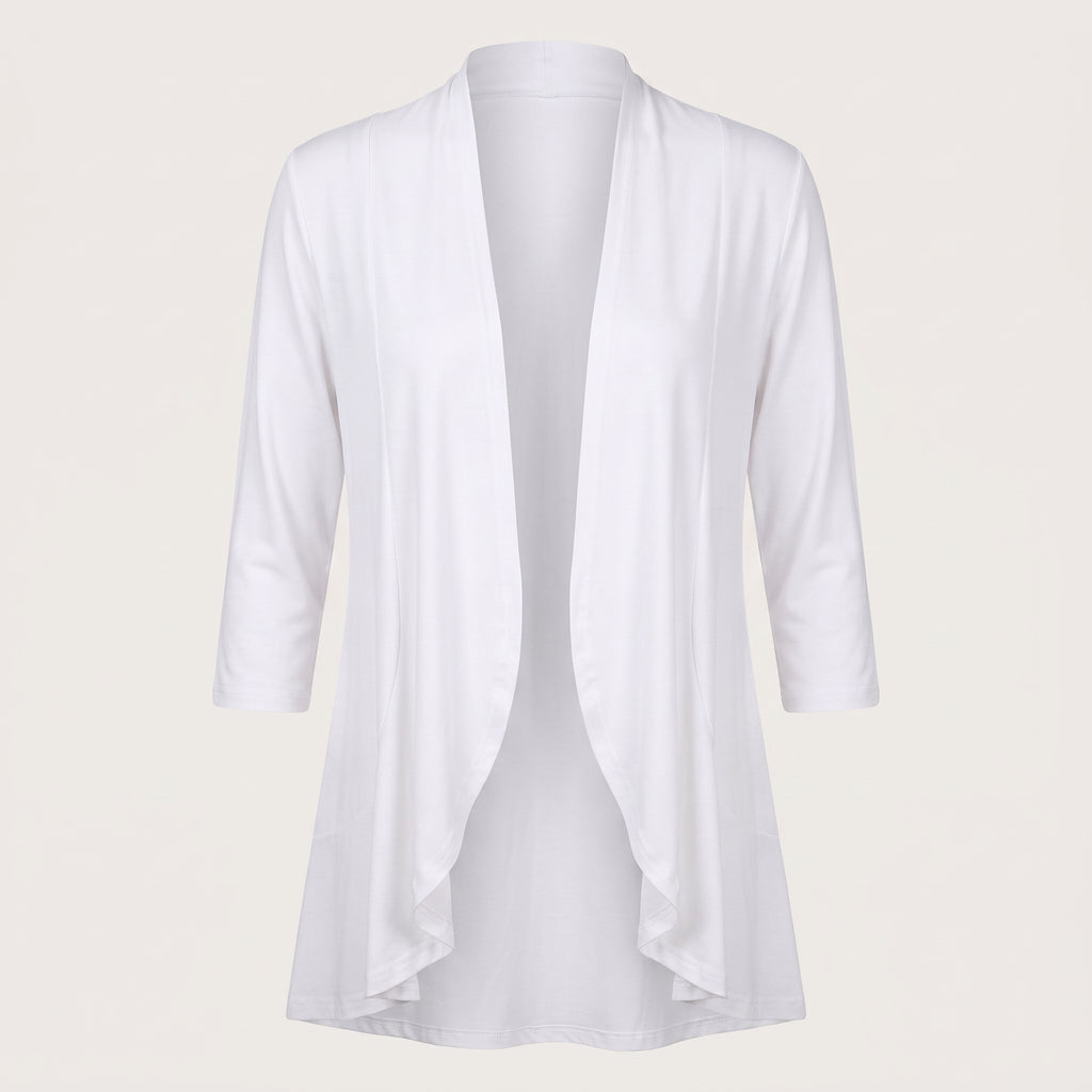 Women's Open Cardigan Relaxed Fit Three-Quarter Sleeve Draped Front - White