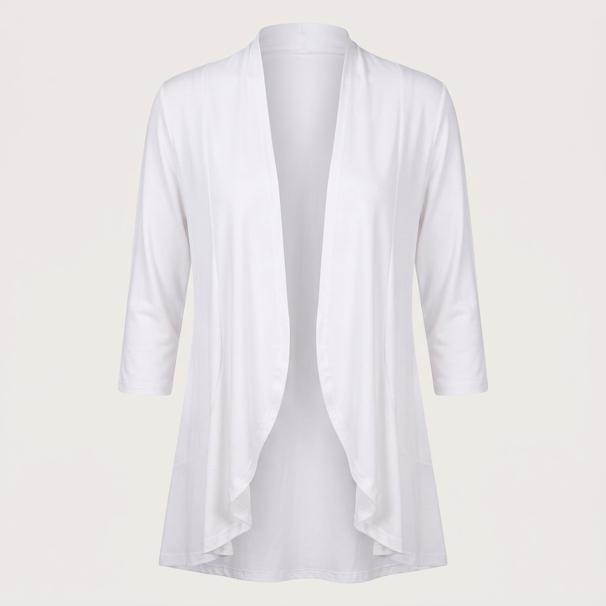 Women's Open Cardigan Relaxed Fit Three-Quarter Sleeve Draped Front - White