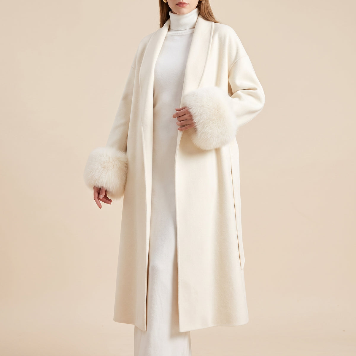 Longline Coat with Flattering Relaxed Fit and Cuffs - White