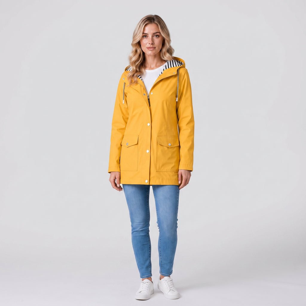 Women's Rain Jacket Waterproof Hip-Length Coat Button-Front - Yellow