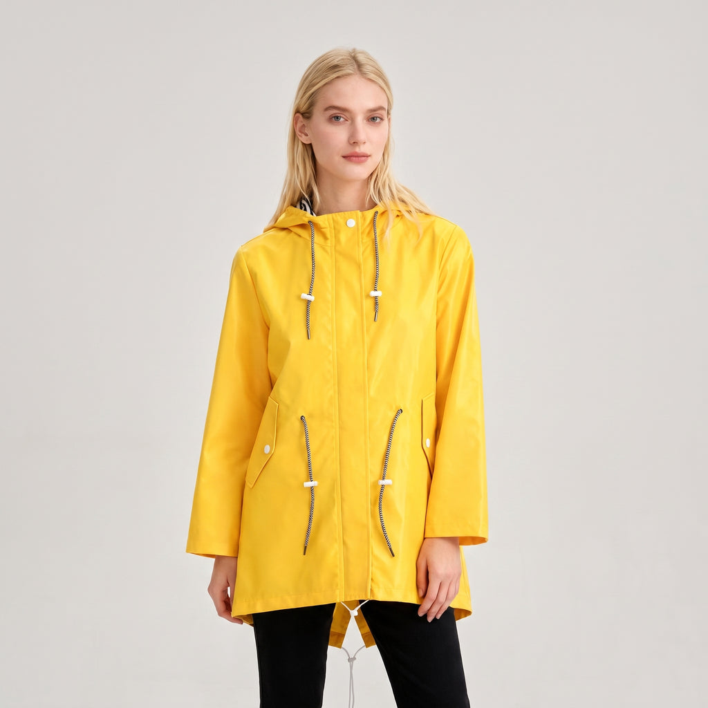 Women's Rain Jacket Adjustable Hooded Raincoat Drawstring - Yellow