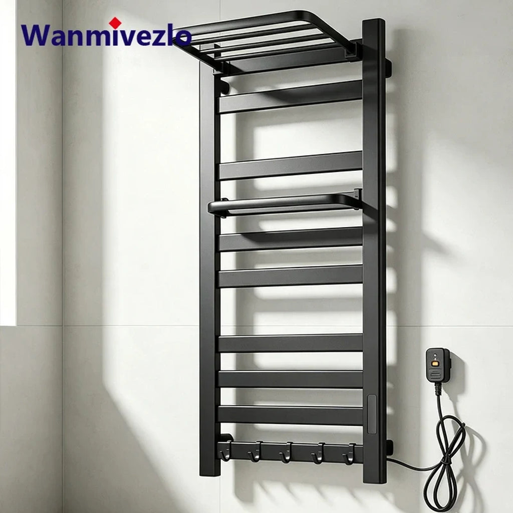 Wall Mounted Electric Heated Towel Rail With Top Storage Shelf And 5 Hooks Fast Heating - Image 1