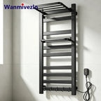 Wall Mounted Electric Heated Towel Rail With Top Storage Shelf And 5 Hooks Fast Heating - Image 1