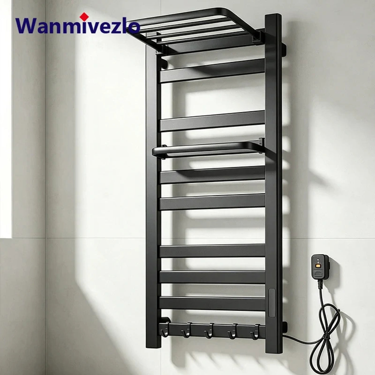 Wall Mounted Electric Heated Towel Rail With Top Storage Shelf And 5 Hooks Fast Heating - Image 1