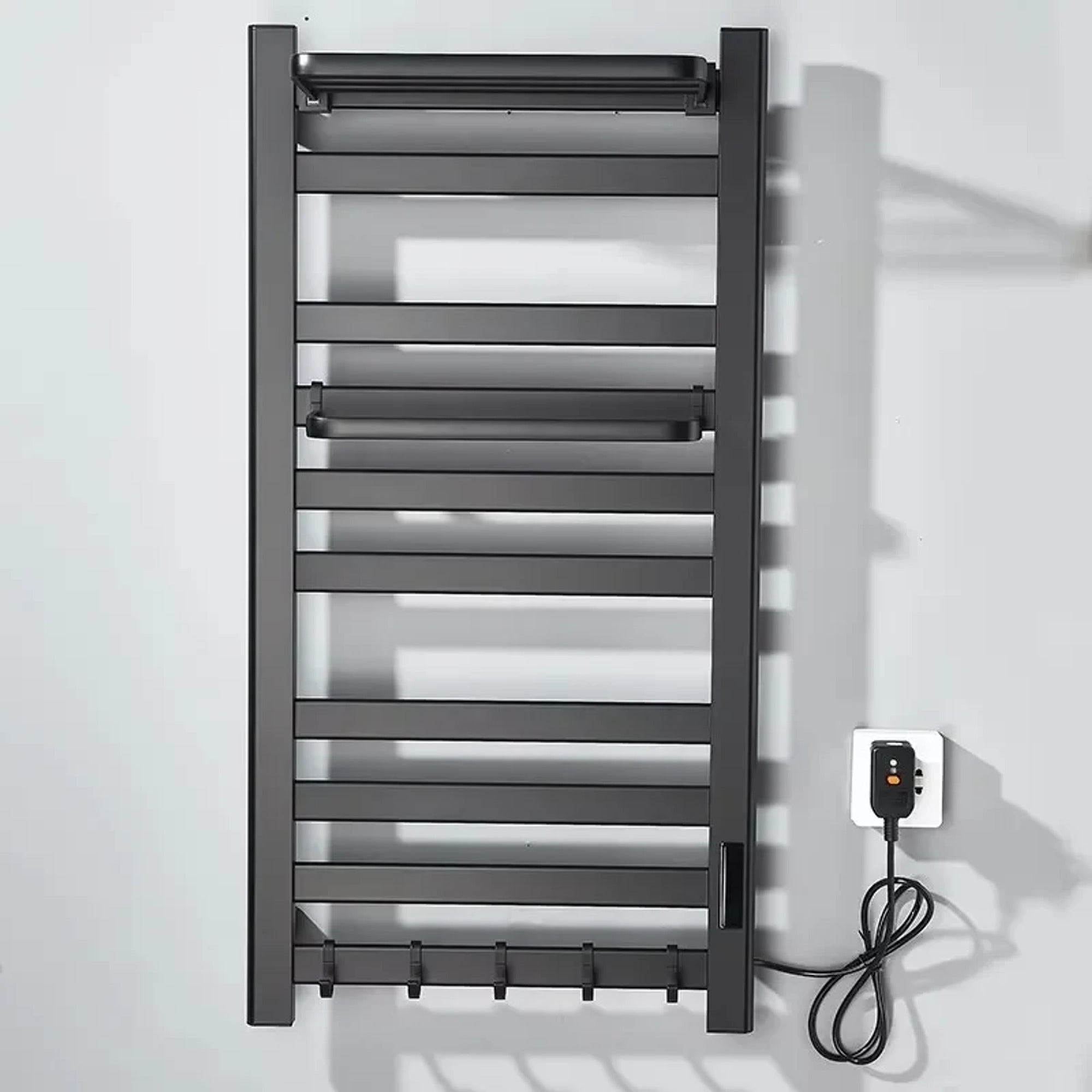 Wall Mounted Electric Heated Towel Rail With Top Storage Shelf And 5 Hooks Fast Heating - Image 2