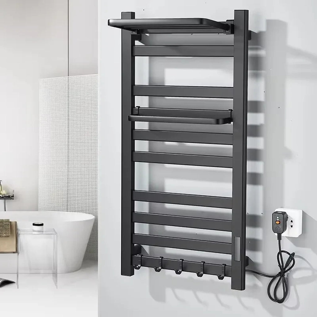 Wall Mounted Electric Heated Towel Rail With Top Storage Shelf And 5 Hooks Fast Heating - Image 7