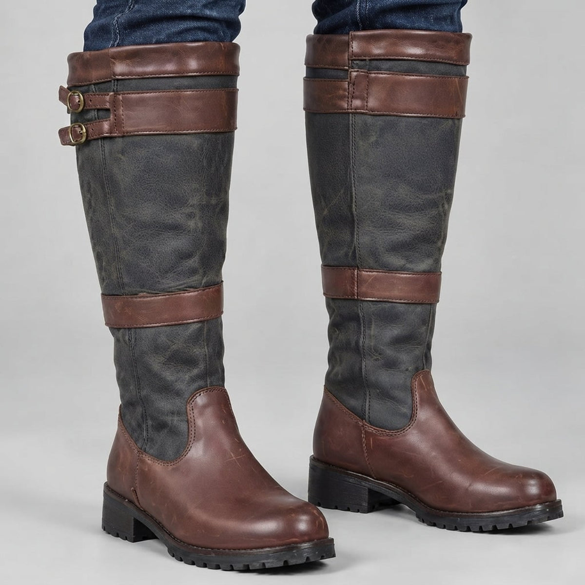 Waterproof Boots with Knee High and Buckle Accents - Image 1