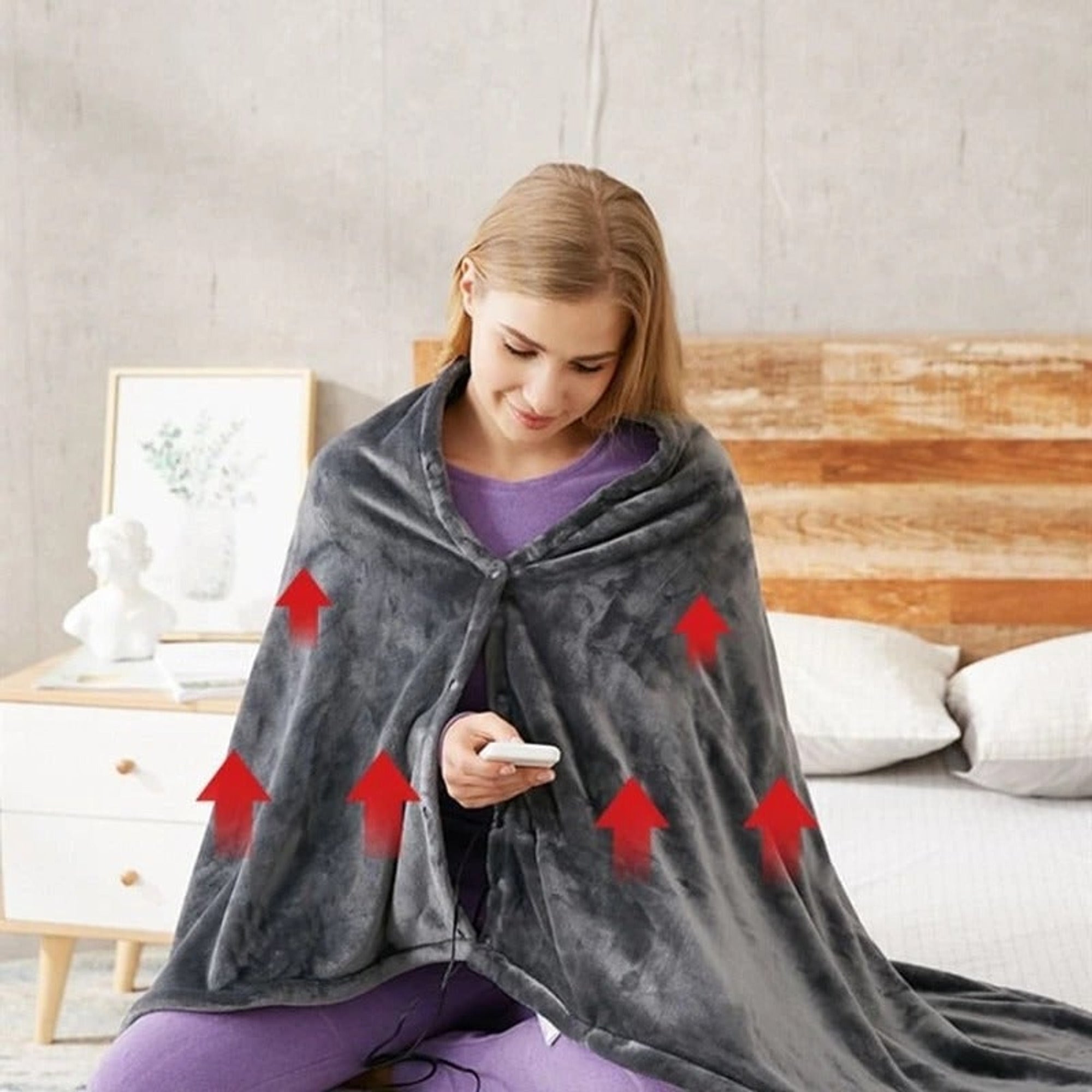 Wearable Heated Blanket Hooded Fleece Throw With Snap Buttons - Image 2