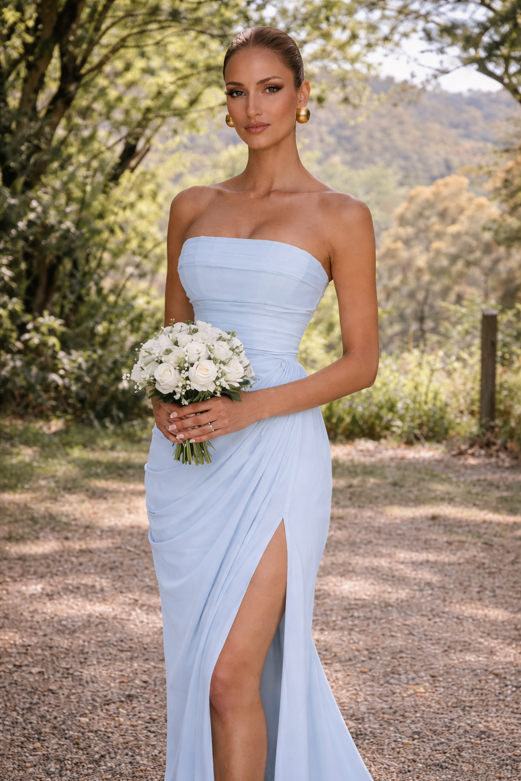 NOVA | Wedding Guest Maxi Dress – Strapless Elegant Formal Dress in Baby Blue, Yellow & Navy