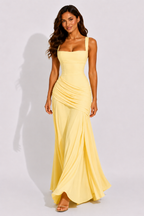 NOVA | Ruched Square Neck Maxi Dress – Formal Evening Gown for Weddings & Bridesmaid Occasions