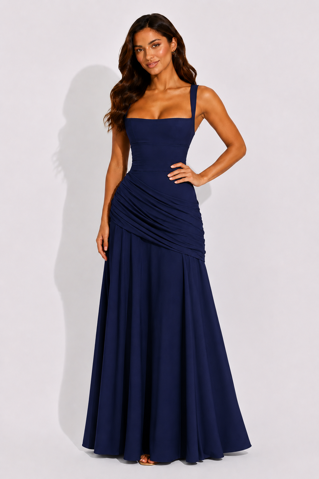 NOVA | Ruched Square Neck Maxi Dress – Formal Evening Gown for Weddings & Bridesmaid Occasions