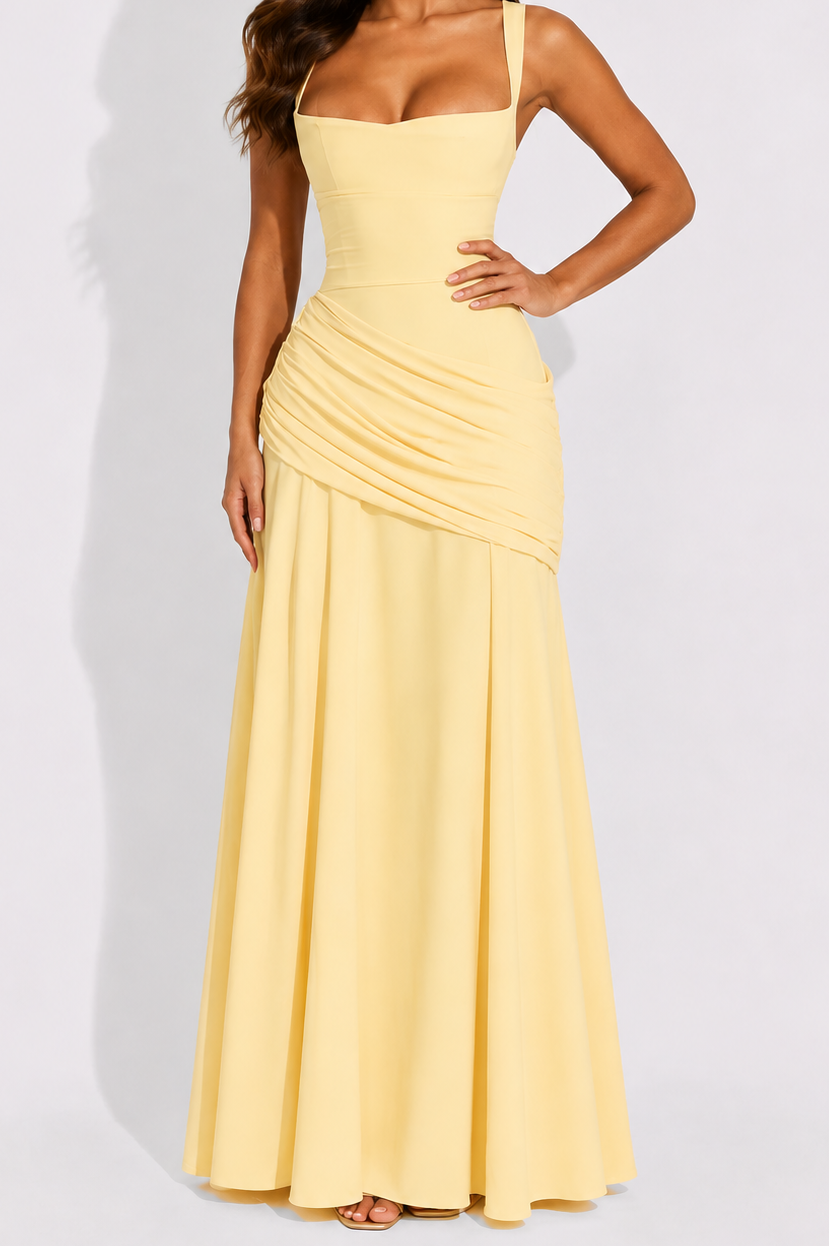 NOVA | Ruched Square Neck Maxi Dress – Formal Evening Gown for Weddings & Bridesmaid Occasions