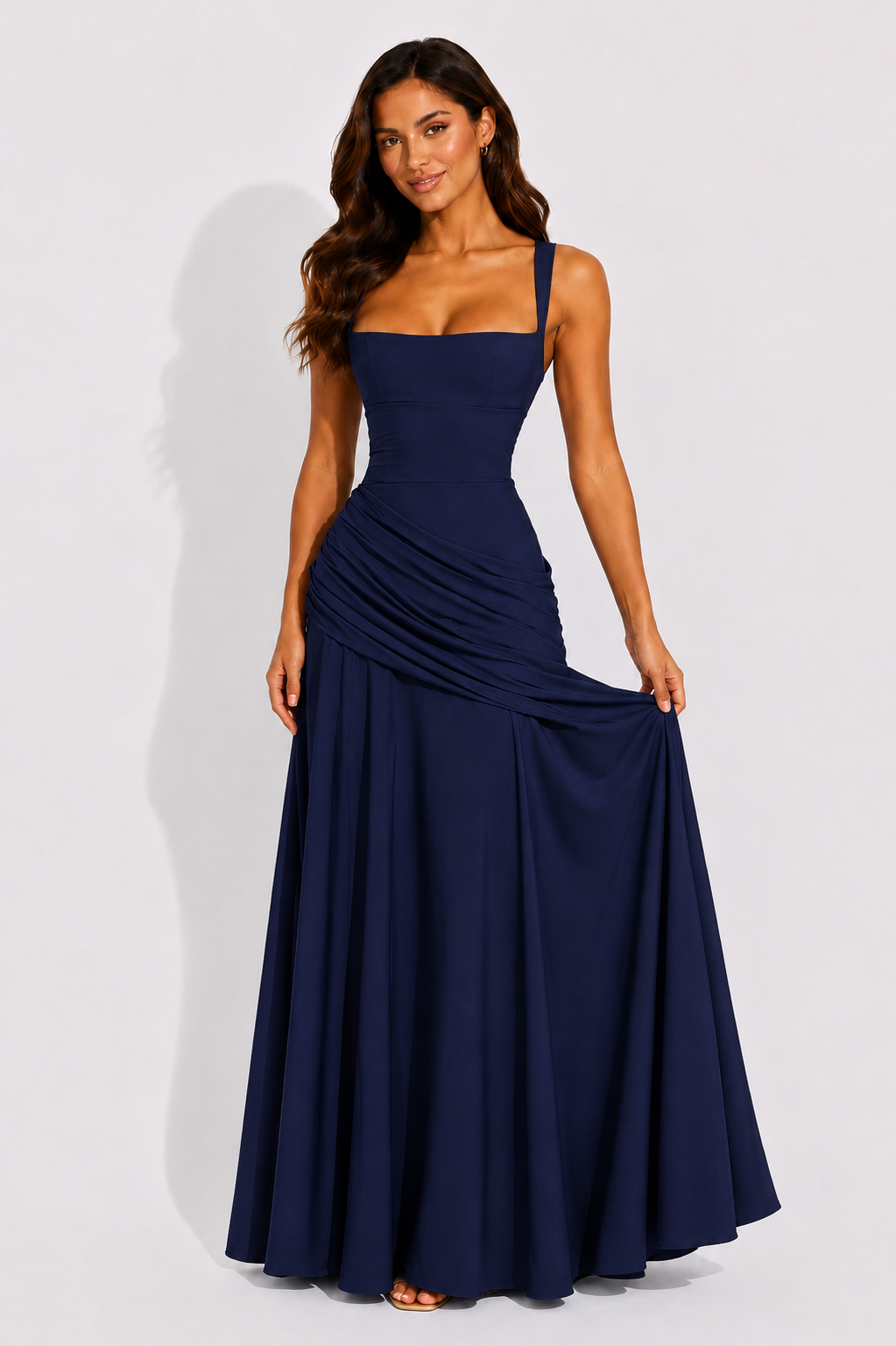 NOVA | Ruched Square Neck Maxi Dress – Formal Evening Gown for Weddings & Bridesmaid Occasions
