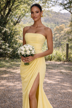 NOVA | Robe maxi pour invitées de mariage – Robe formelle élégante bustier en bleu bébé, jaune et marine