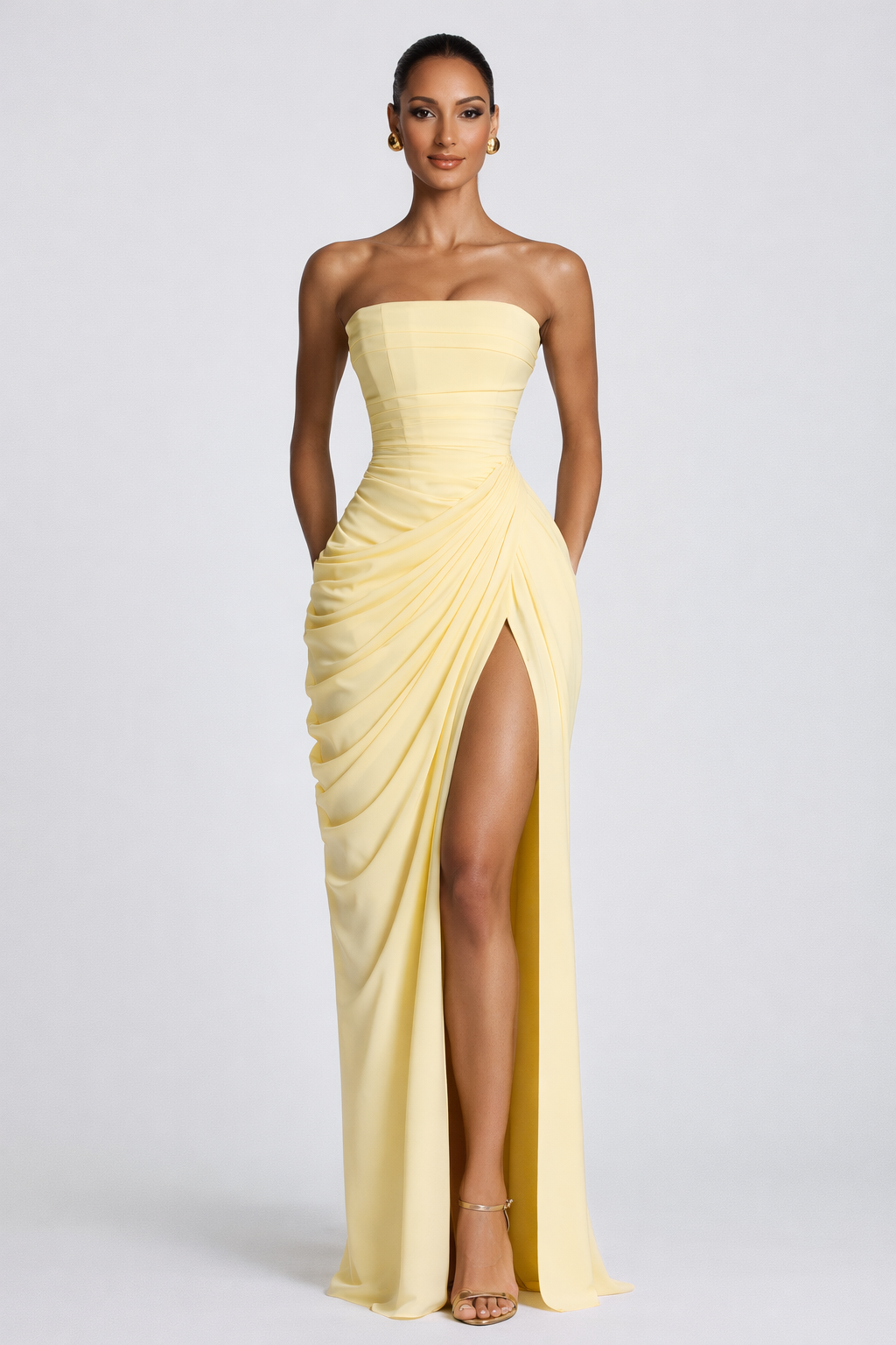 NOVA | Wedding Guest Maxi Dress – Strapless Elegant Formal Dress in Baby Blue, Yellow & Navy
