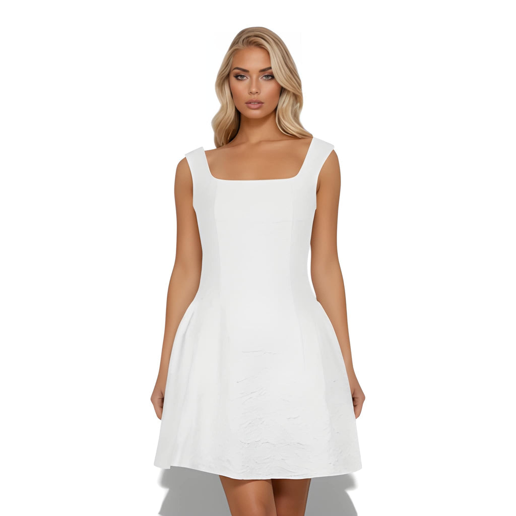 NOVA | Robe mini blanche à col carré pour femmes – Robe élégante évasée printemps et été