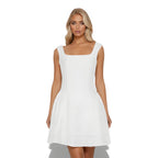 NOVA | Robe mini blanche à col carré pour femmes – Robe élégante évasée printemps et été