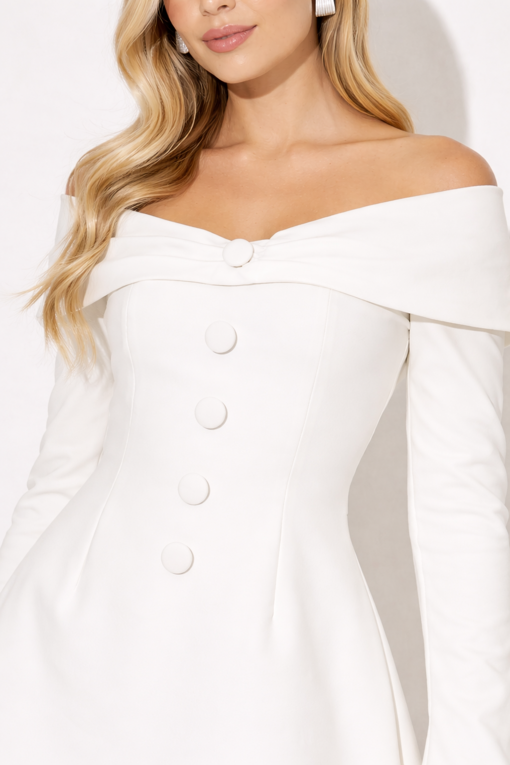 NOVA | Women’s Off Shoulder White Mini Dress – Long Sleeve A-Line Button Detail Dress