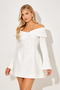 NOVA | Women’s Off Shoulder White Mini Dress – Long Sleeve A-Line Button Detail Dress