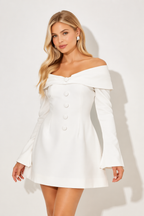 NOVA | Women’s Off Shoulder White Mini Dress – Long Sleeve A-Line Button Detail Dress