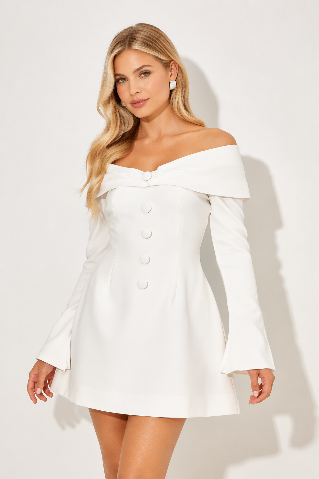 NOVA | Women’s Off Shoulder White Mini Dress – Long Sleeve A-Line Button Detail Dress